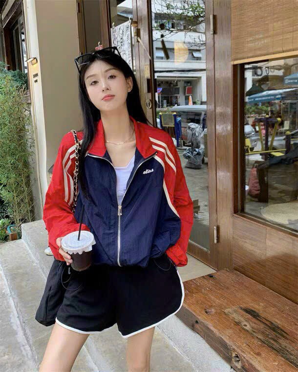 Áo khoác dù 2 lớp form lững Áo khoác dù nữ form croptop chất vải dù 2 lớp dày dặn XANH PHỐI ĐỎ