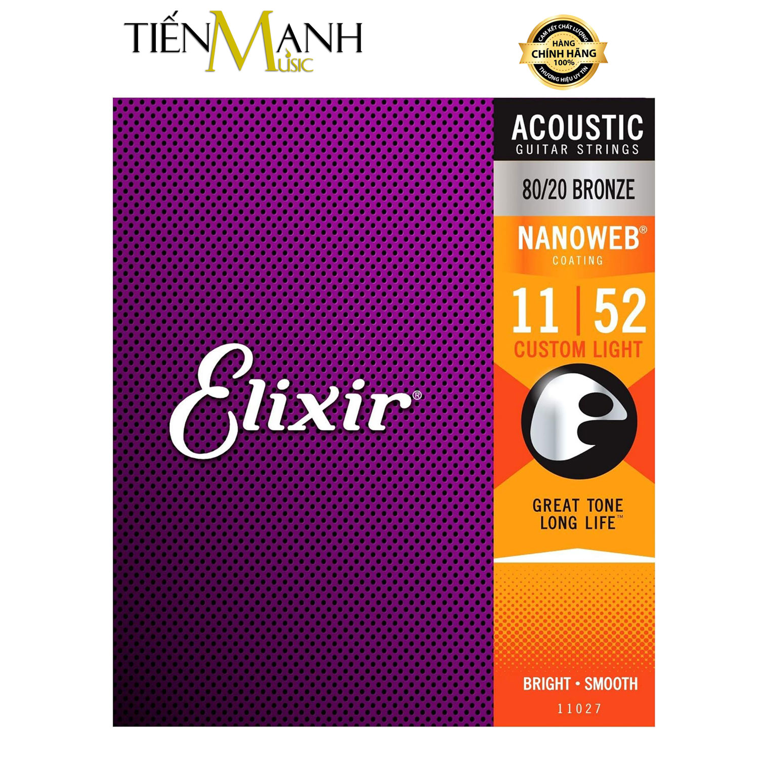 Elixir 11027 - Dây Đàn Acoustic Guitar Cỡ 11 (.011-.052) - 80/20 Bronze Strings Custom Light - Hãng phân phối chính thức (Bộ Dây Ghi-ta phủ lớp Nanoweb cao cấp - Cam kết 100% dây xịn, sai hoàn tiền gấp 10 lần)