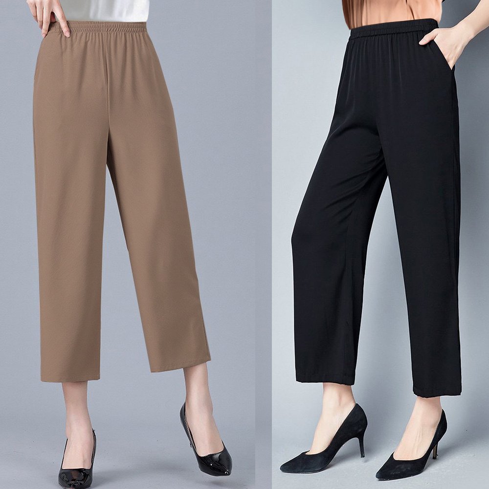 GOTI - Quần Lững Nữ Trung Niên Cao Cấp Kiểu Lưng Thun Co Giãn Nhẹ Nhiều Size Nhiều Màu Đen 3Q39