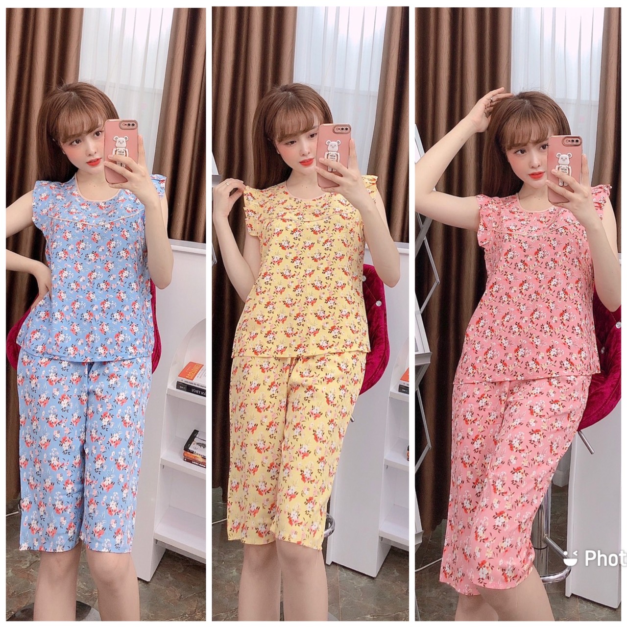Đồ bộ lụa mặc nhà, bộ lụa hoa nhí mặc nhà