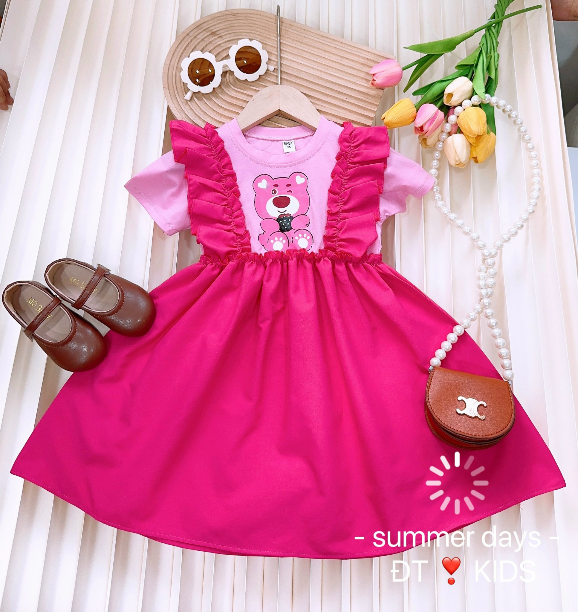 Váy Đầm Cho Bé Gái Hình Gấu Dâu Vải Kate Lụa Mềm Từ 8kg Đến 25kg Màu Hồng