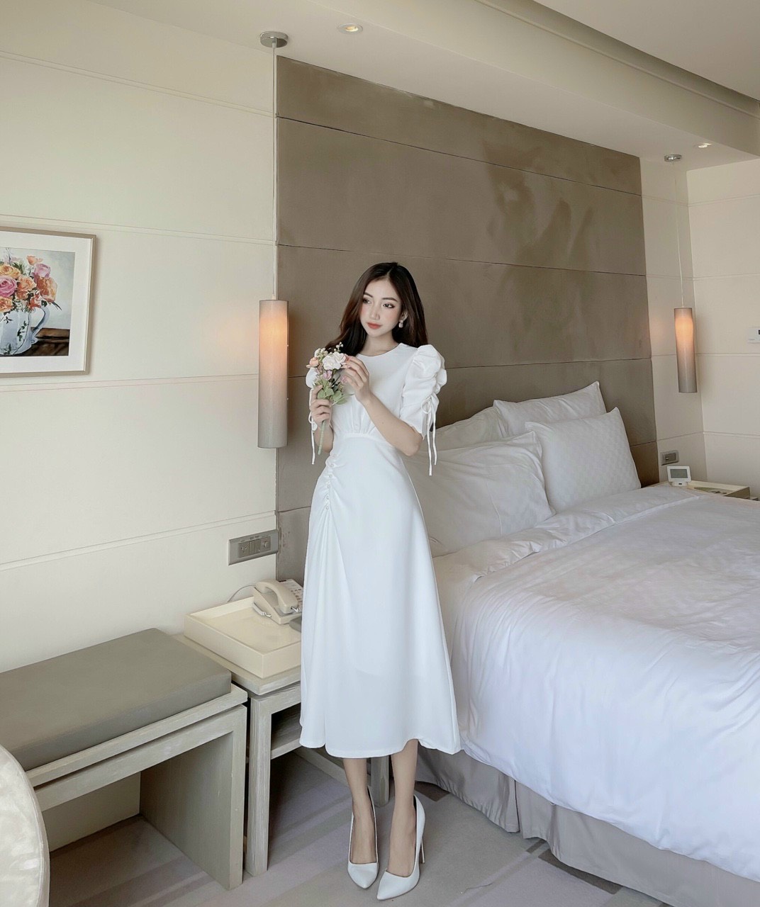 Đầm tiểu thư cổ tròn tay phồng thắt nơ tùng xòe đính ngọc dealpho