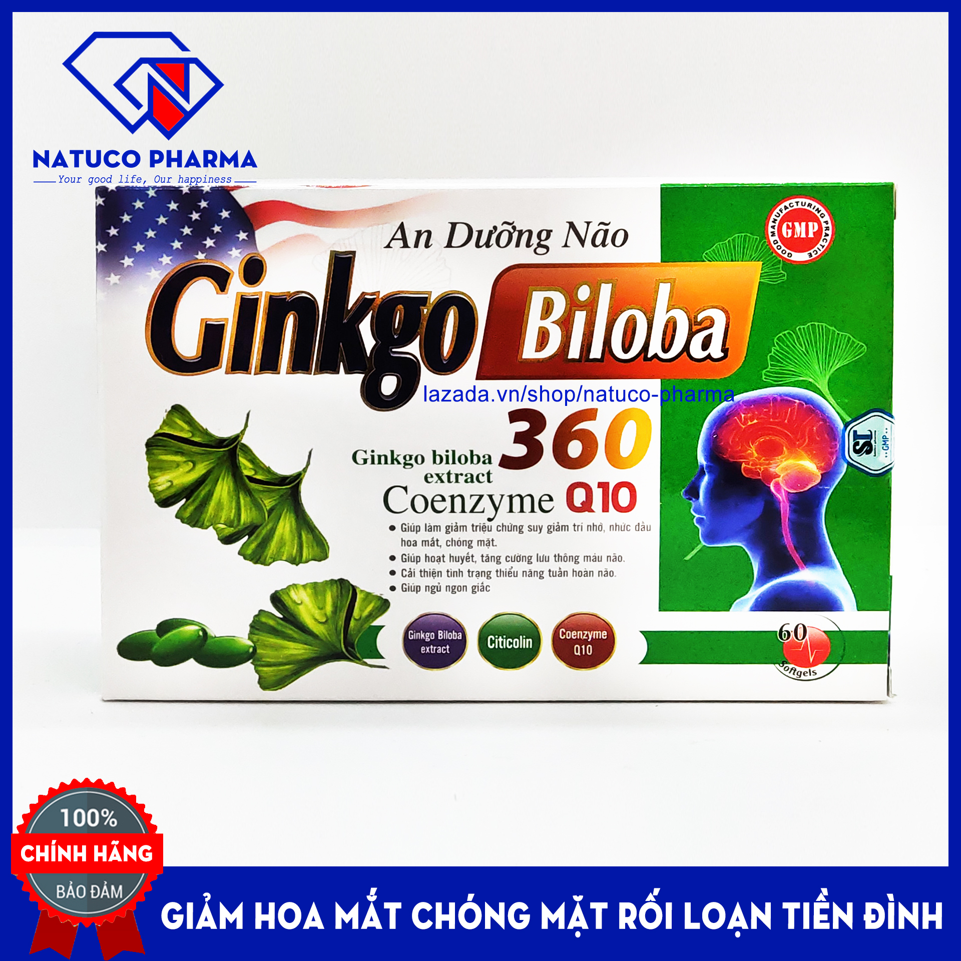 Viên uống An Dưỡng Não Ginkgo Biloba - Thành phần thảo dược giúp Giảm đau đầu chóng mặt, rối loại tiền tình hiệu quả - Hộp 60 viên chuẩn GMP