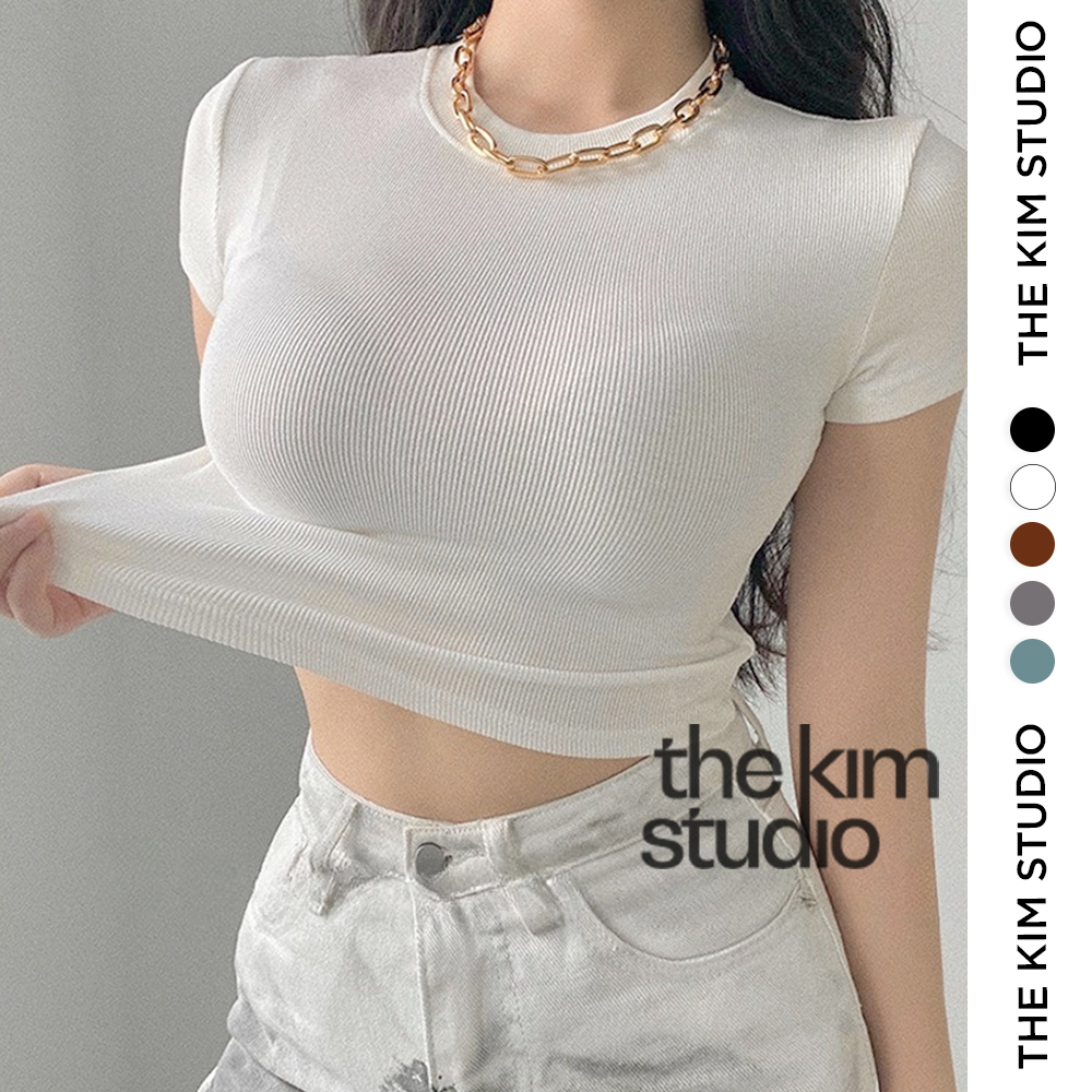 THE KIM A166 Áo thun croptop tay ngắn cổ tròn, áo baby tee thun tăm trơn