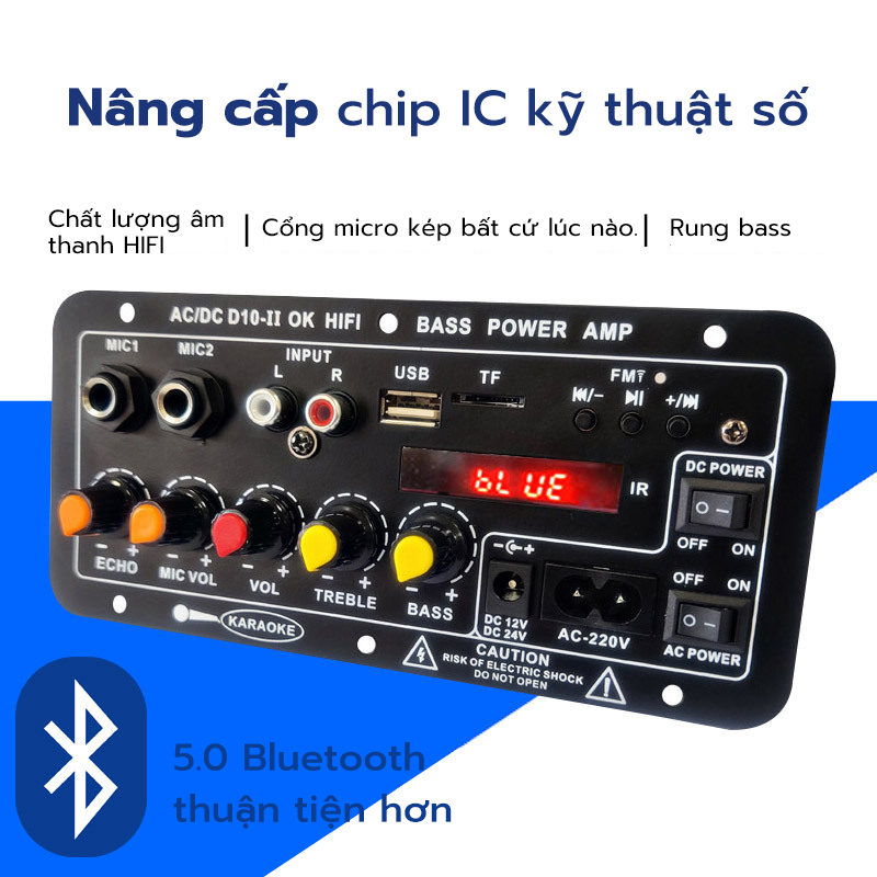 Mạch loa D10 Bluetooth 5.0 hát Karaoke công suất lớn 120w 12V/24V/220V lắp loa kéo chế loa (Tặng kèm