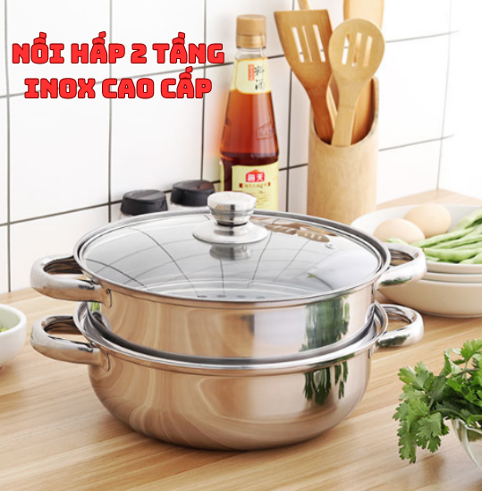 ( LOẠI DÀY 2 LỚP ) Nồi Xửng Hấp INOX 2 Tầng Đa Năng THAILAND , Nồi Hấp Bánh Bao , Bộ Xửng Hấp Inox 28Cm - Nồi Hấp Đa Năng 2 Tầng Cao Cấp Nắp Kính , dùng được cho mọi loại bếp.