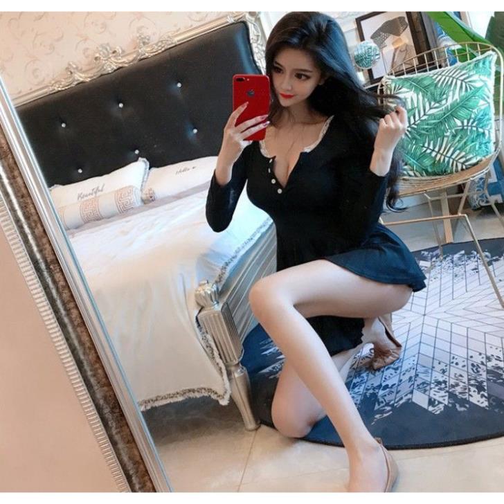 Váy áo cổ tim, tay dài. váy xếp ly [Ảnh Thật]