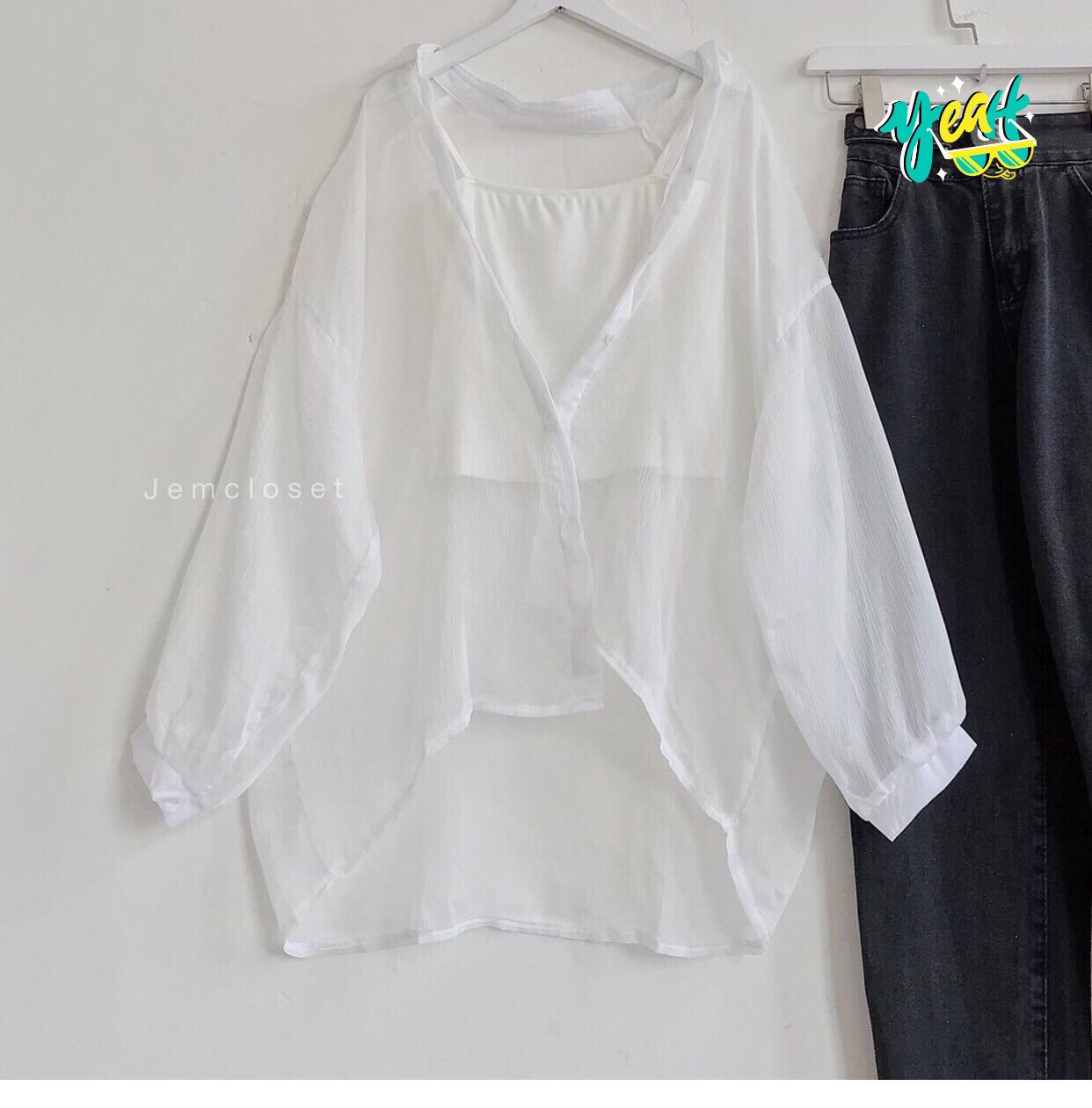 Set Baggy Xám Rách 2Line + Sơ mi Cặp ( kèm 2 dây)