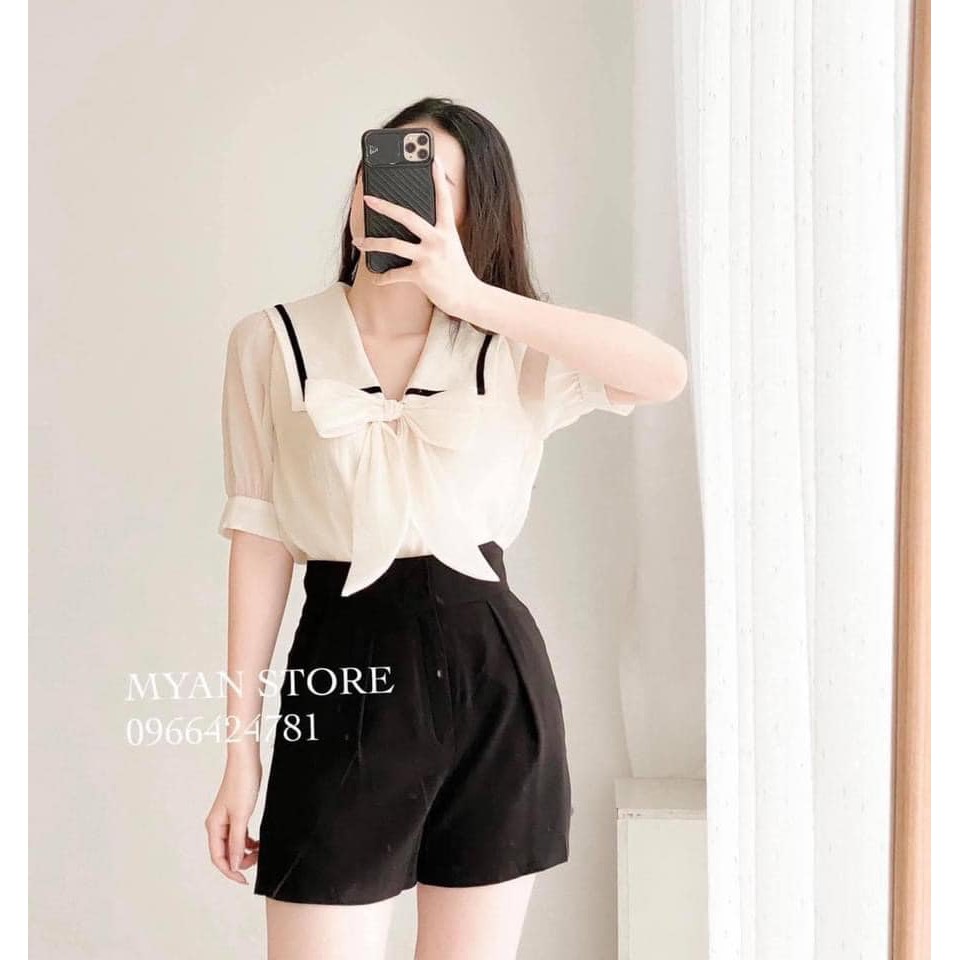 Áo sơ mi cộc tay viền cổ thắt nơ