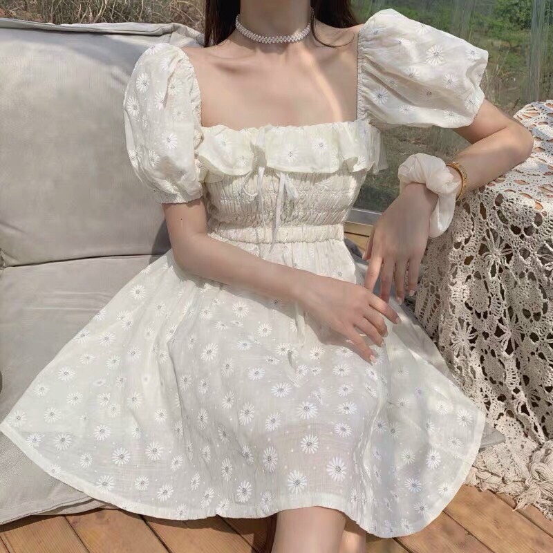 Đầm voan in hoa cúc nhún ngực trễ vai rớt tay phong cách TTSA0850