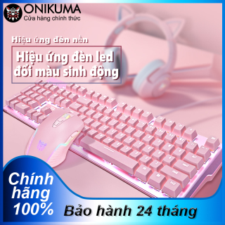 Bàn phím cơ có dây đèn LED màu hồng dễ thương + chuột máy tính + tai nghe tai mèo bàn phím chơi game thumbnail