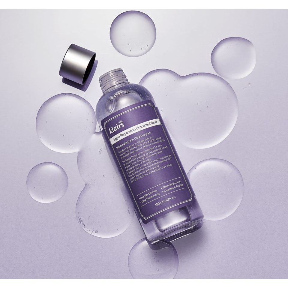 Nước Hoa Hồng Không Cồn Dưỡng Ẩm, Chống Viêm Không Mùi Dành Cho Da Nhạy Cảm Klairs Supple Preparation Unscented Toner 180ml