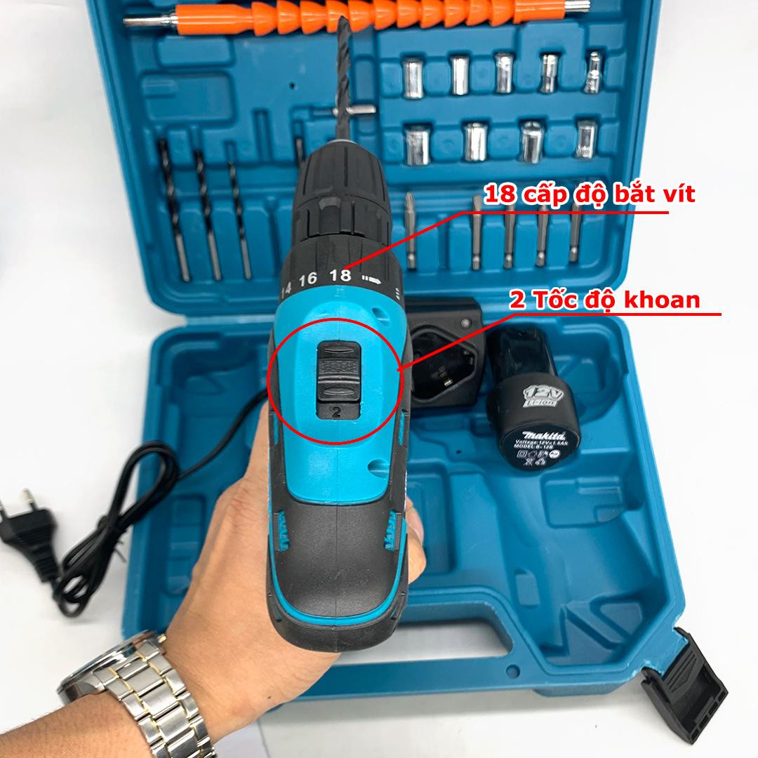 [TẶNG BỘ 24 CHI TIẾT] Máy khoan PIN cầm tay MAKITA 12v - Máy khoan pin - Máy khoan mini - Khoan sắt, khoan gỗ, bắt vít - Pin 3 cell - Có 2 Phân Loại
