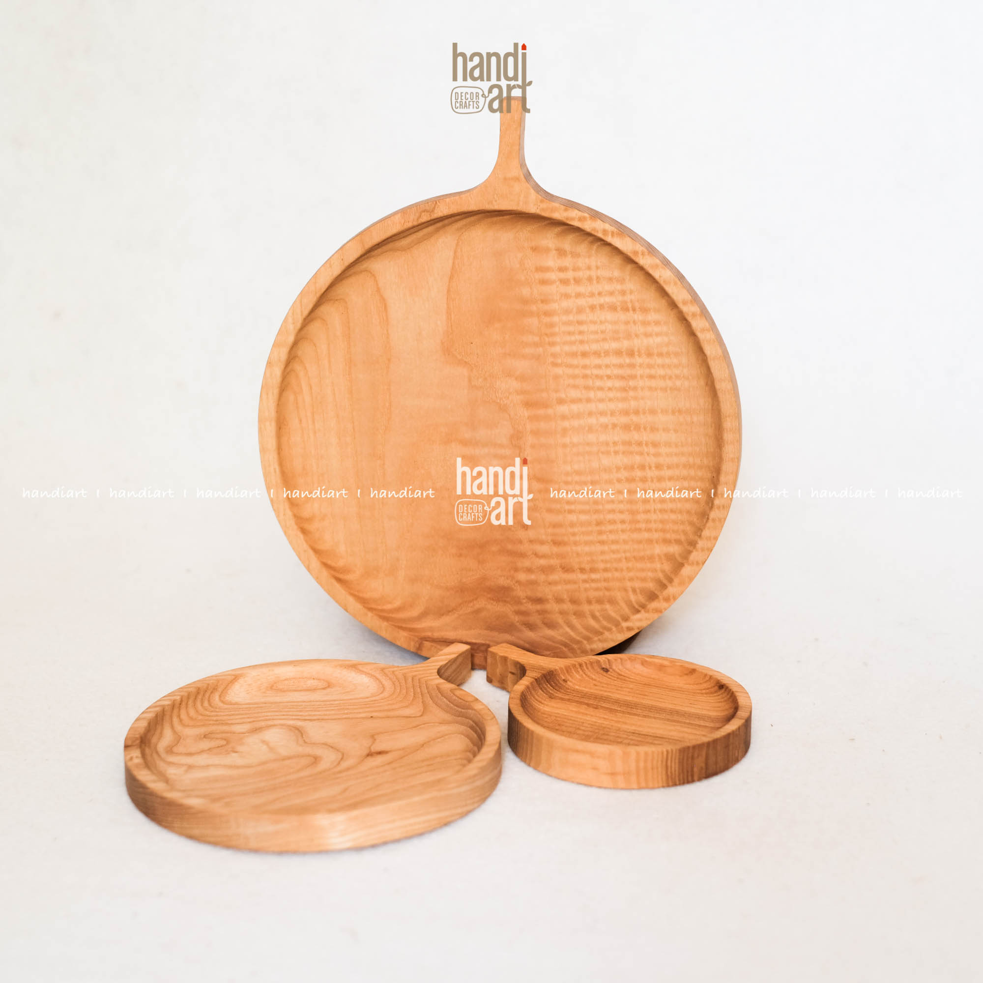 Set of 3 tray round wood handle-tray Wood frequency