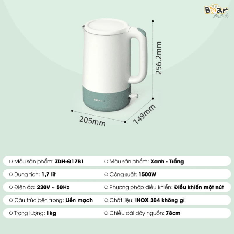 Bình đun nước siêu tốc Bear ZDH-Q17B1 (1.7L) - An Gia Phúc