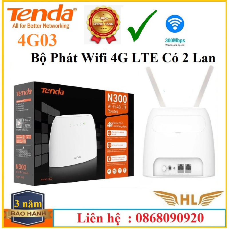 Bộ Phát Wifi 4G Tenda 4G03 LTE  Có Cổng Lan Chuẩn N300Mbps - Hàng Chính Hãng