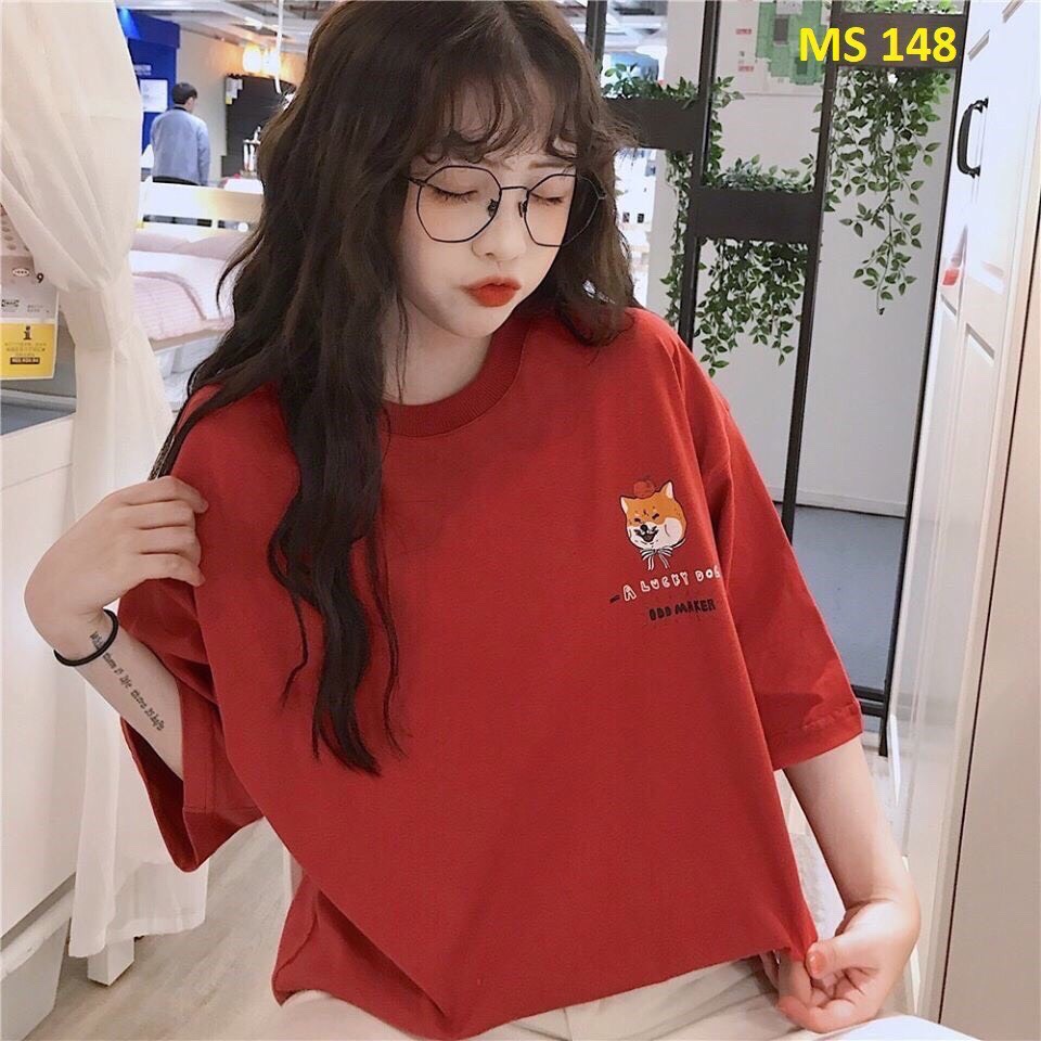 Áo thun cotton tixi thái đỏ form rộng dưới 70kg in con cáo đáng yêu TTSLA0084