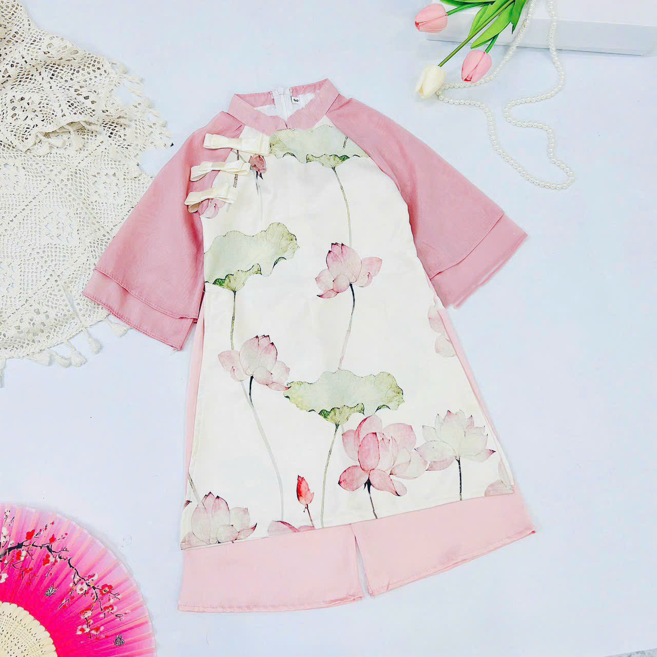 Áo dài tết cách tân cho bé gái áo dài tết lụa mềm cho bé gái áo dài tay phối hai lớp mẫu mới cho bé gái