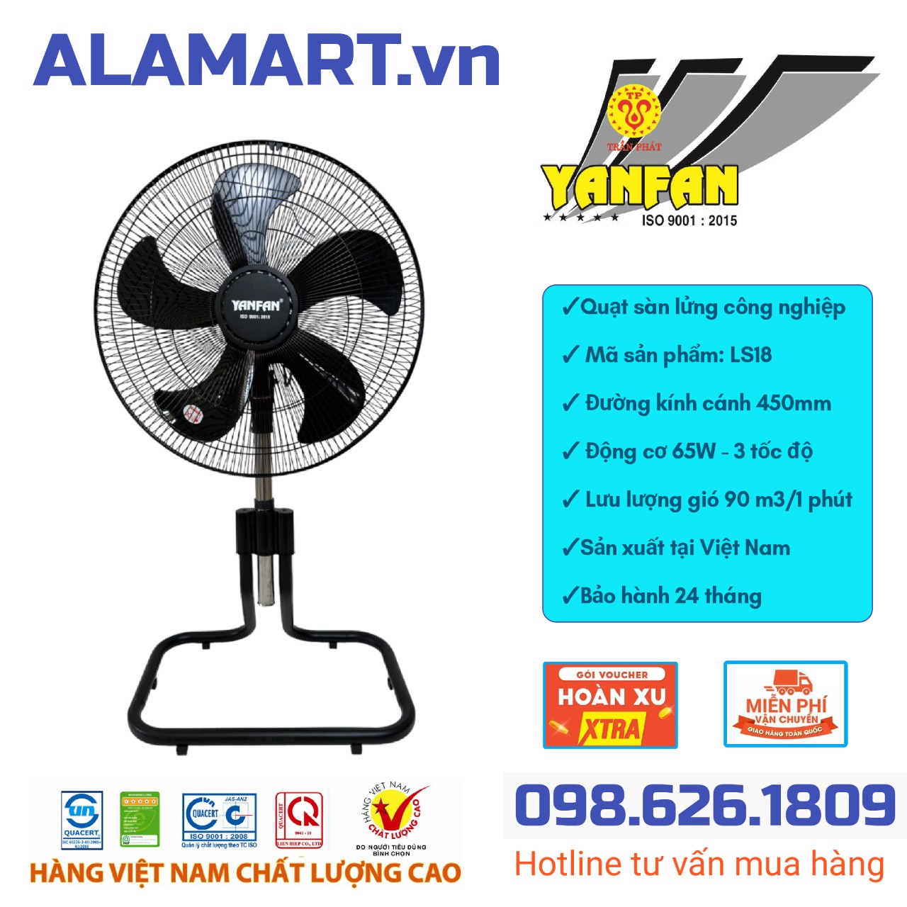 Quạt sàn công nghiệp hali sn199 80w sải cánh 450mm