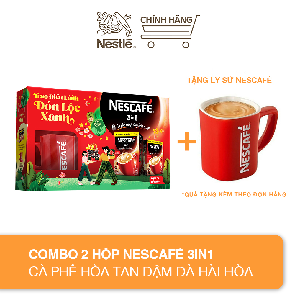 HỘP QUÀ NHƯ Ý: Combo 2 hộp cà phê hòa tan Nescafé 3in1 đậm đà hài hòa + Ly sứ Nescafé