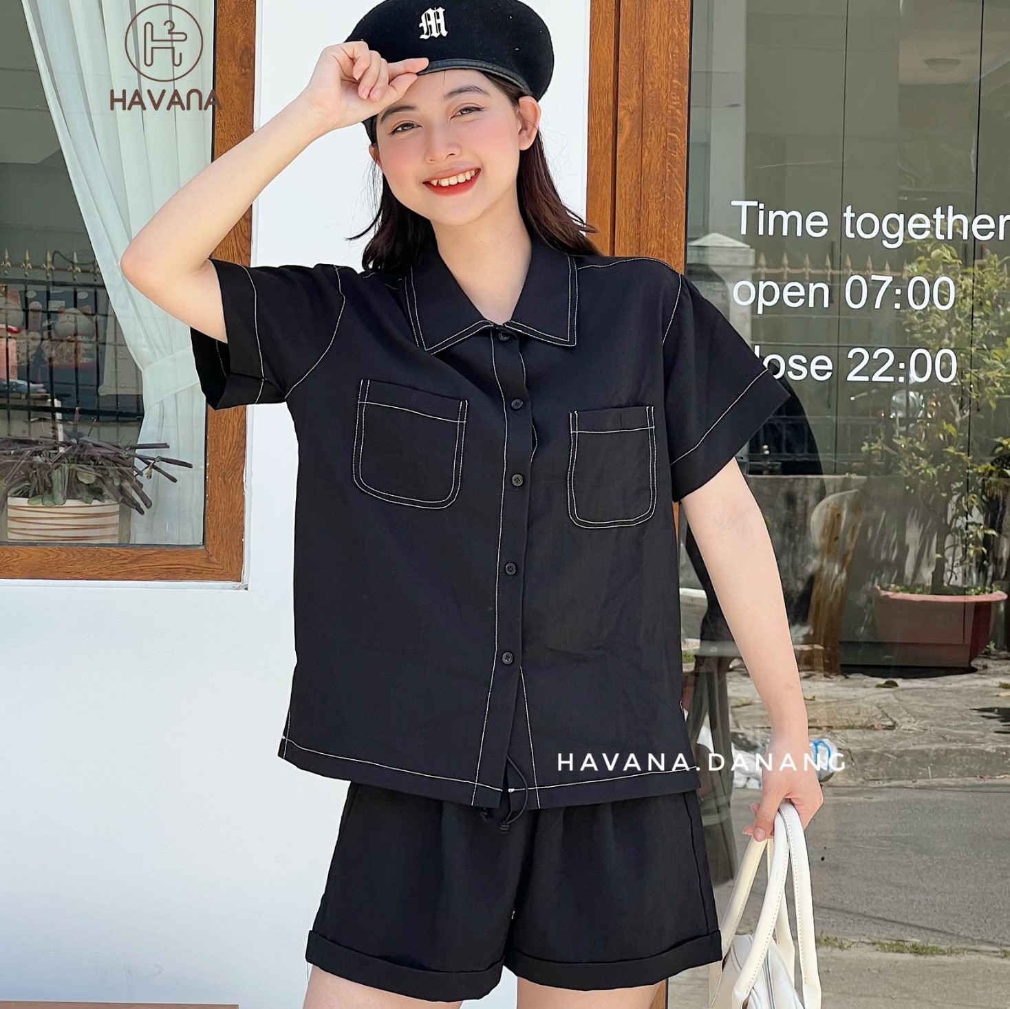 Set áo sơ mi viền chỉ nổi kèm quần short