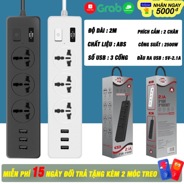 Ổ Cắm Điện Đa Năng Shopehouse 3 Cổng USB Xạc Nhanh 5V-2.1A Công Suất Định Mức 2500W Vật Liệu Chống Cháy Dây Nối Dài 2M giá rẻ