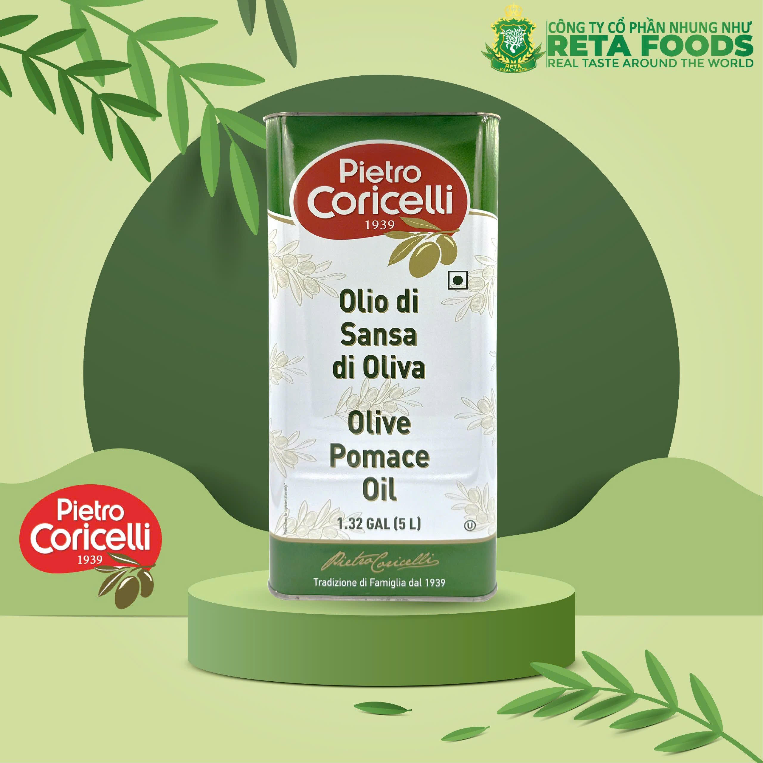 Olive Pomace Oil Pietro Coricelli 1L/5L – Italian Imported Olive Oil – High Smoke Point – Suitable for Frying & Cooking