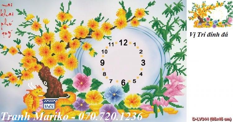[HCM]Tranh đính đá HOA KHAI PHÚ QUÝ ĐỒNG HỒ CÀNH MAI VÀNG LV344 kích thước 65*45cm