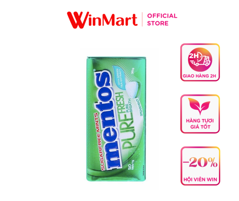 [Siêu thị WinMart] - Kẹo ngậm hương Spearmint Pure Fresh với trà xanh Mentos hộp 35g