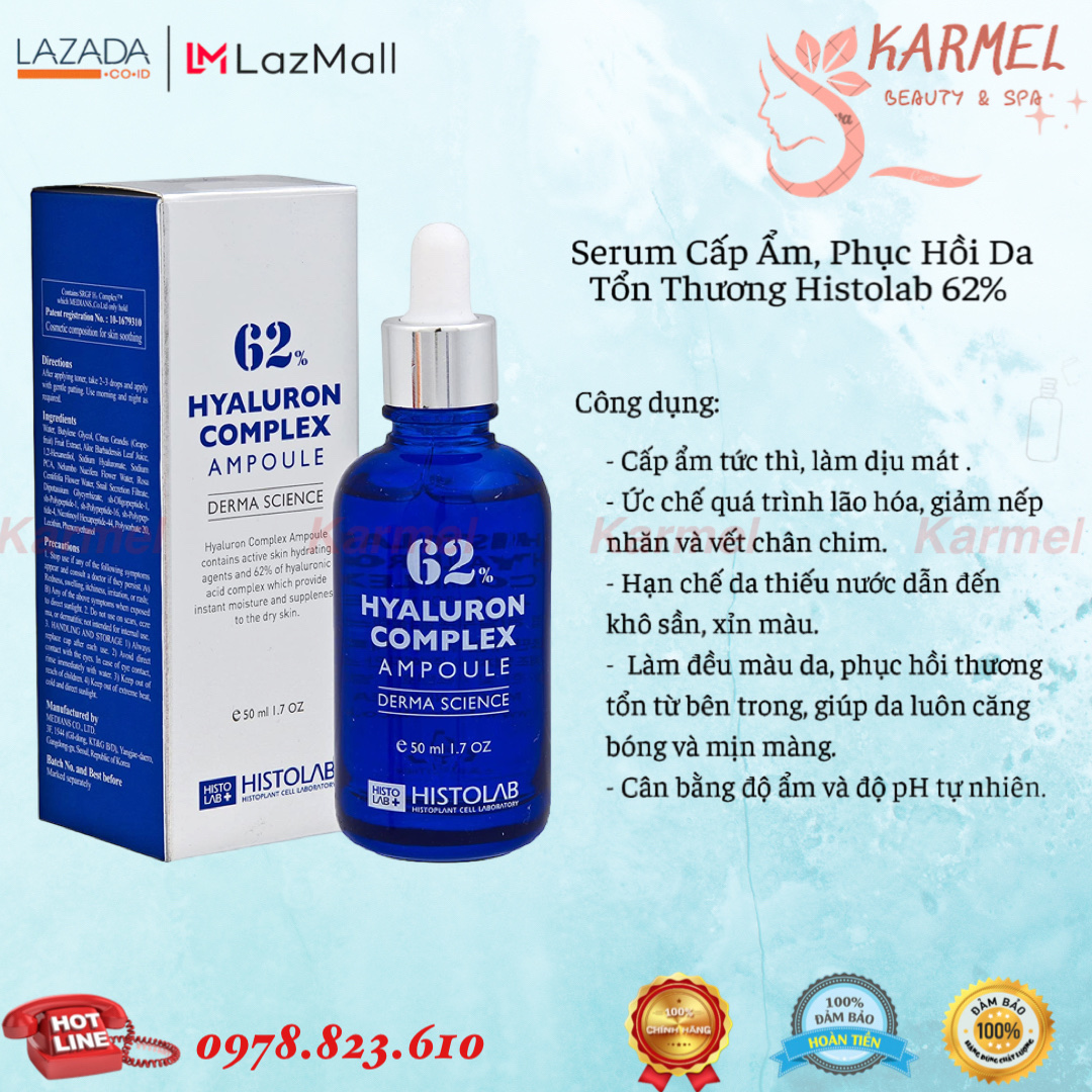 Tinh chất cấp ẩm, phục hồi da thương tổn histolab 62% hyaluron complex ampoule derma science 50ml - karmel chính hãng