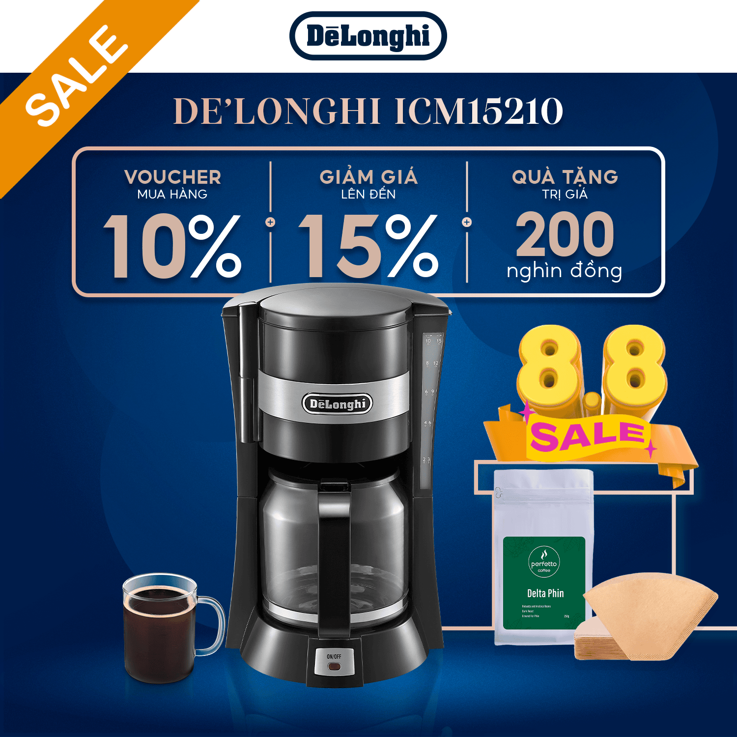 Máy Pha Cà Phê Drip DeLonghi ICM15210.1 - Dung Tích 1.25L - Thiết kế nhỏ gọn, pha 10 tách nhanh chóng