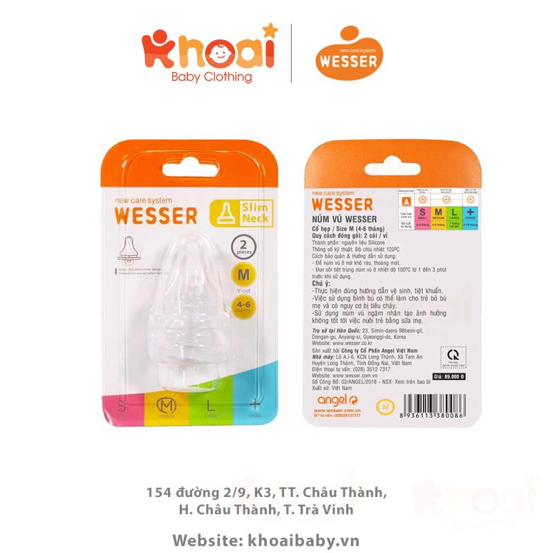 Vỉ 2 núm ty bình sữa Wesser cổ hẹp - Size S, M, L