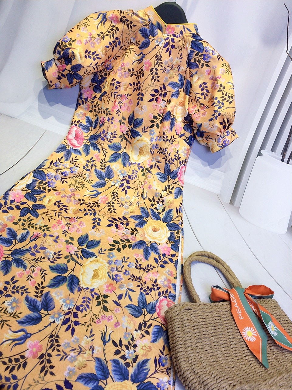 (Single Size Available) Modernized Yellow Brocade Ao Dai with Stylized Puffy Sleeves