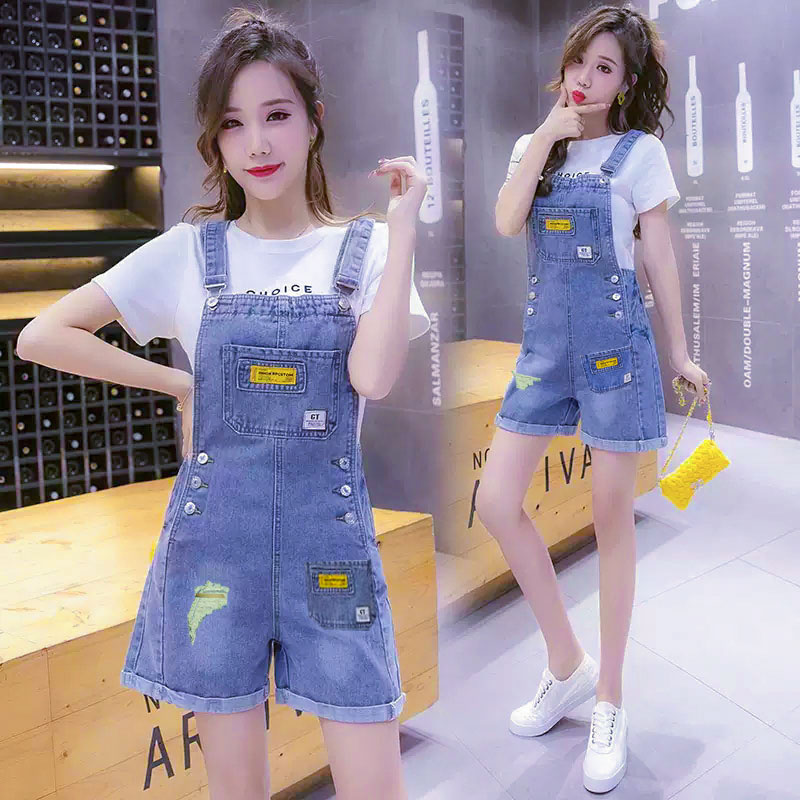 Yếm jean short nữ lưng cao, Quần yếm bò nữ phối túi to trước lưng cao rách tua nhẹ siêu hot Pinky79shop yj10