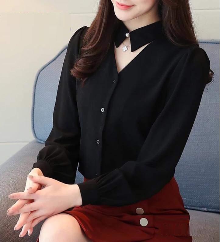 Áo sơ mi nữ công sở kiểu cổ nút ngọc dễ thương