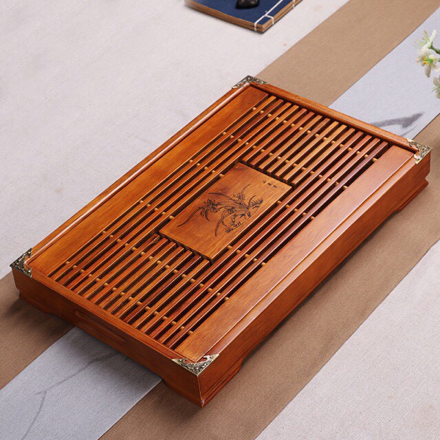 Khay trà nẹp đồng vân nổi 4 góc (khay đựng ấm chén)