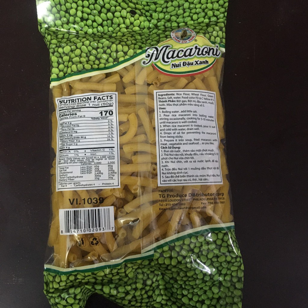 Nui đậu xanh Macaroni gói 400gr