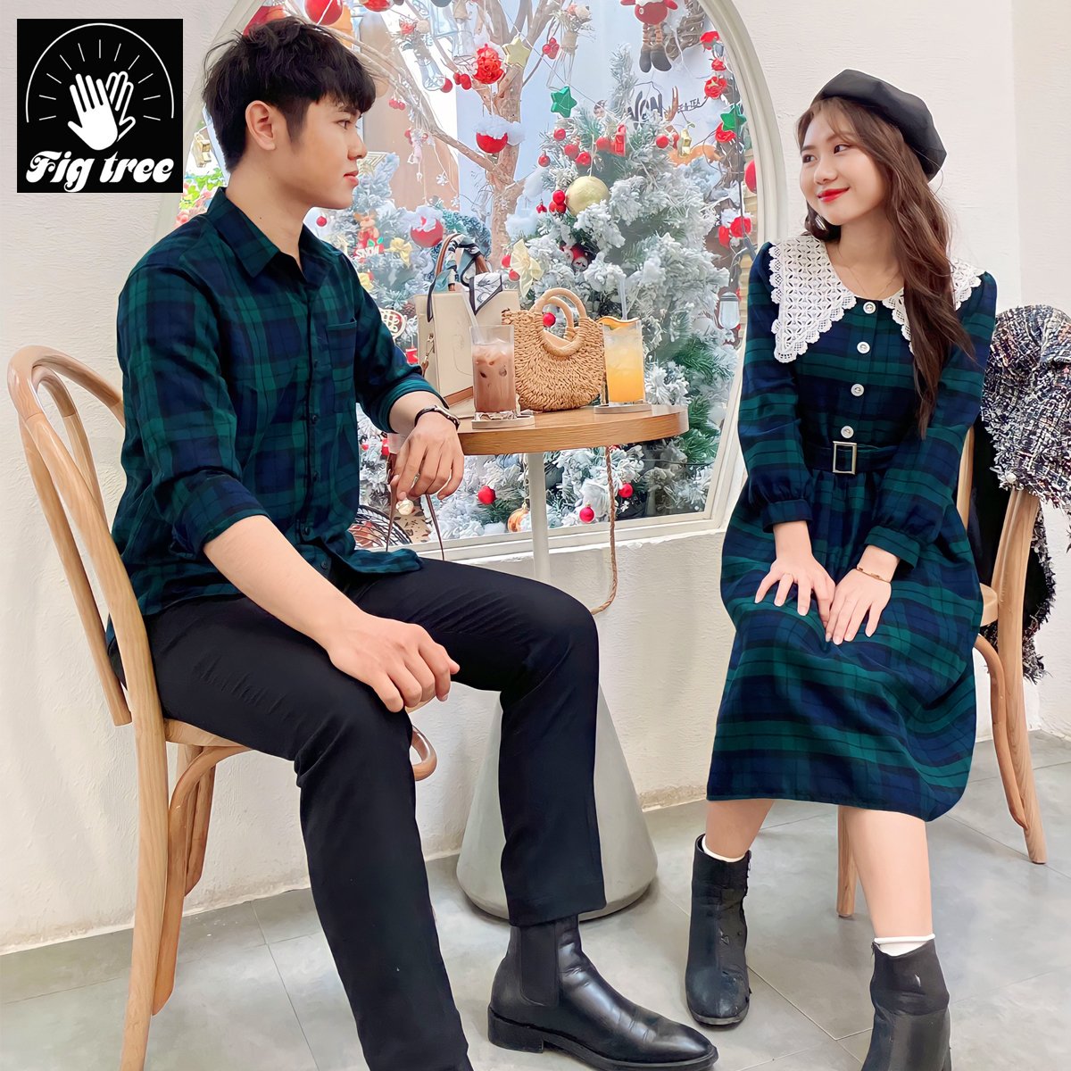 Set Sơ Mi Váy Đôi Fig Tree Sọc Caro Xanh Siêu Đẹp ( MS : 186)