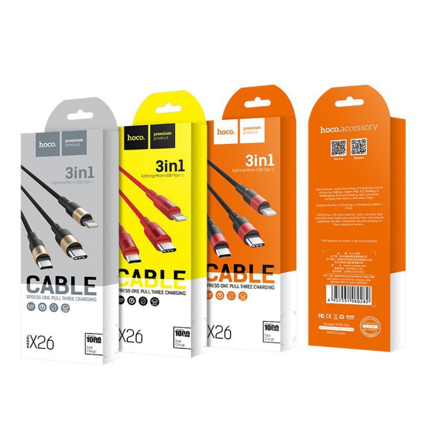 Cáp sạc hoco x26 3 đầu iphone/micro usb/type c dây dù chống đứt dài 1m