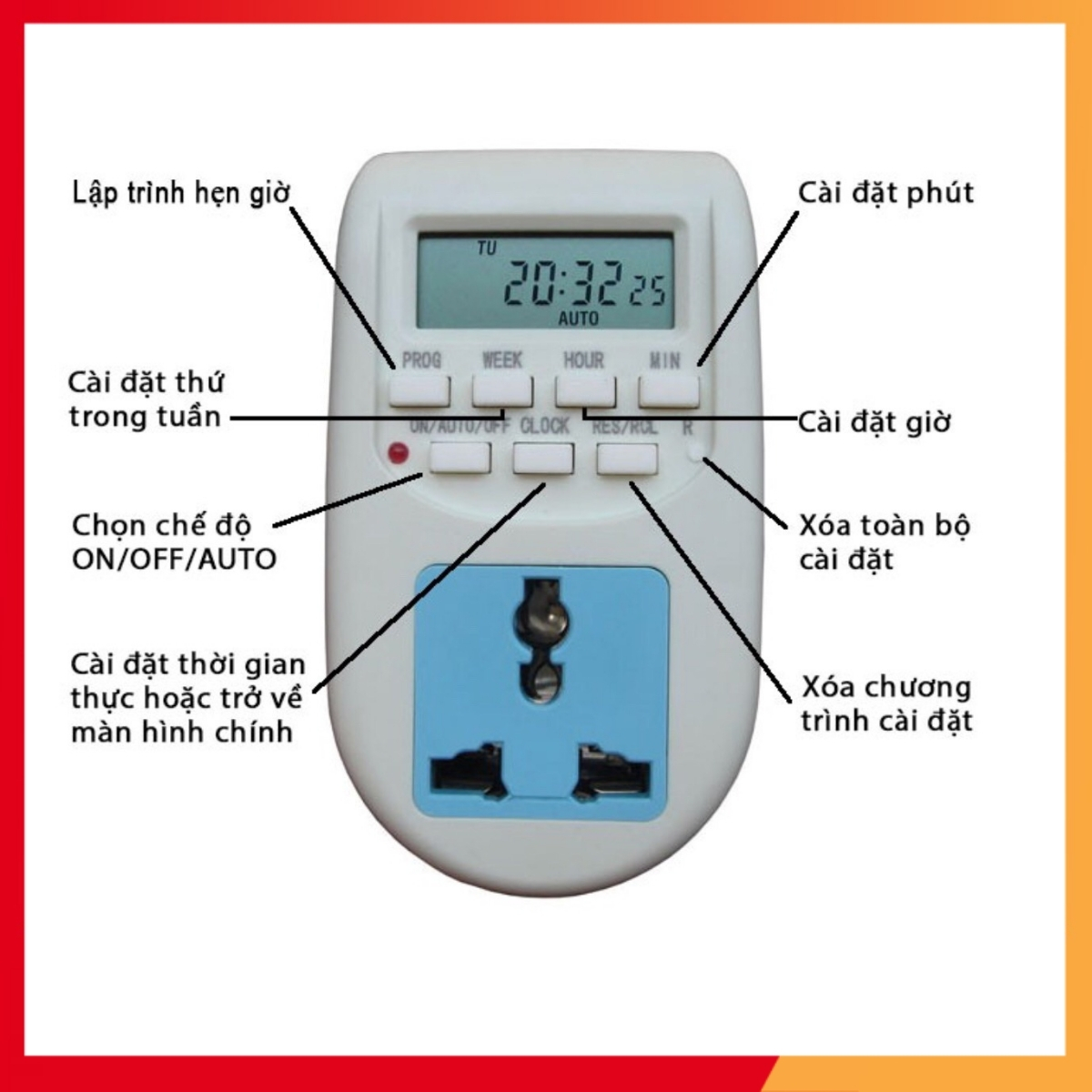 Ổ cắm hẹn giờ điện tử AL06 10A/220v bật tắt các thiết bị điện theo giờ hẹn trước