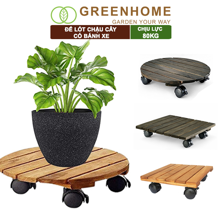 Đế lót chậu cây có bánh xe, hình tròn, màu nâu, bằng gỗ, chịu lực 80kg