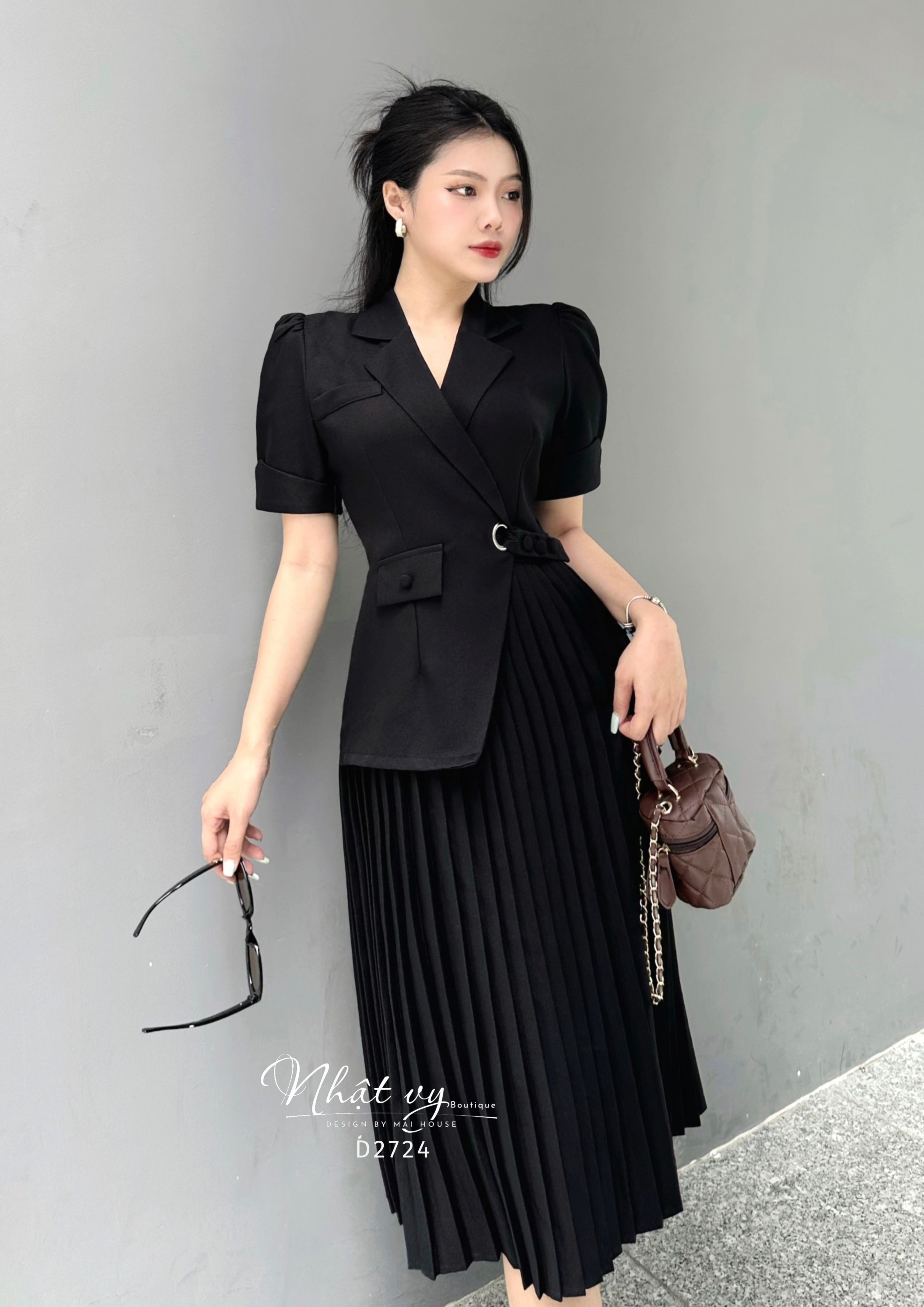 Đầm công sở Nhật Vy cổ vest dập ly tay ngắn form dáng dài chất lụa phù hợp dự tiệc dạo phố sang chảnh - D2724