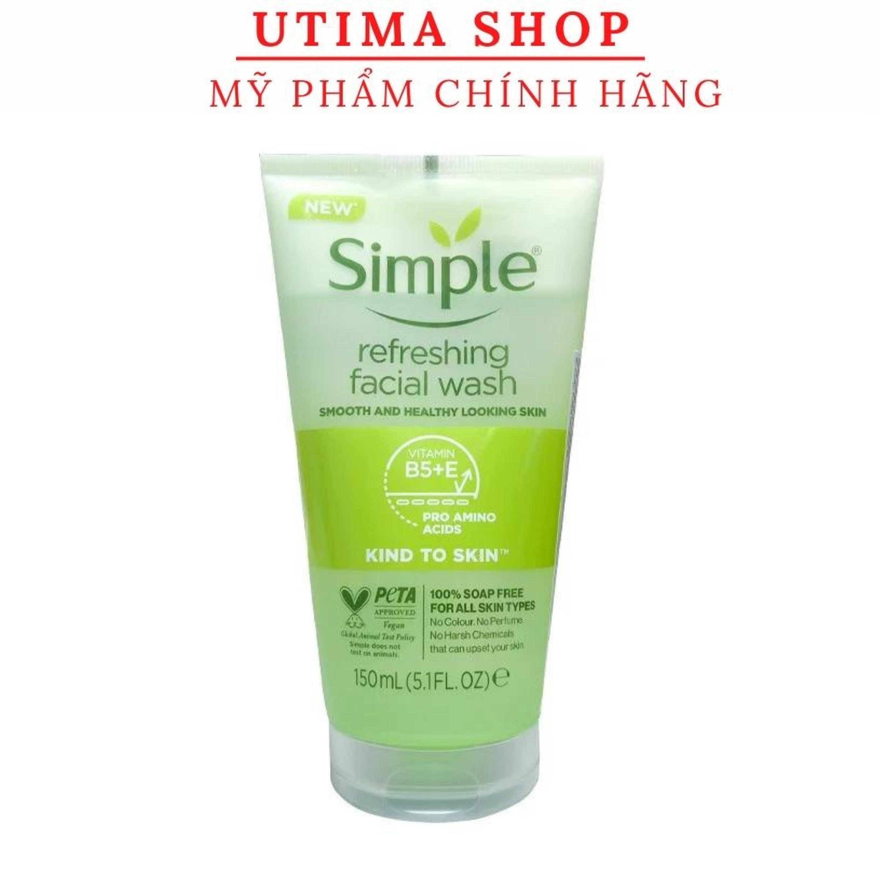Sữa Rửa Mặt SIMPLE Dạng Gel Giảm Mụn, Dịu Nhẹ Da Kind To Skin Refreshing Facial Wash Gel 150ml - utima shop
