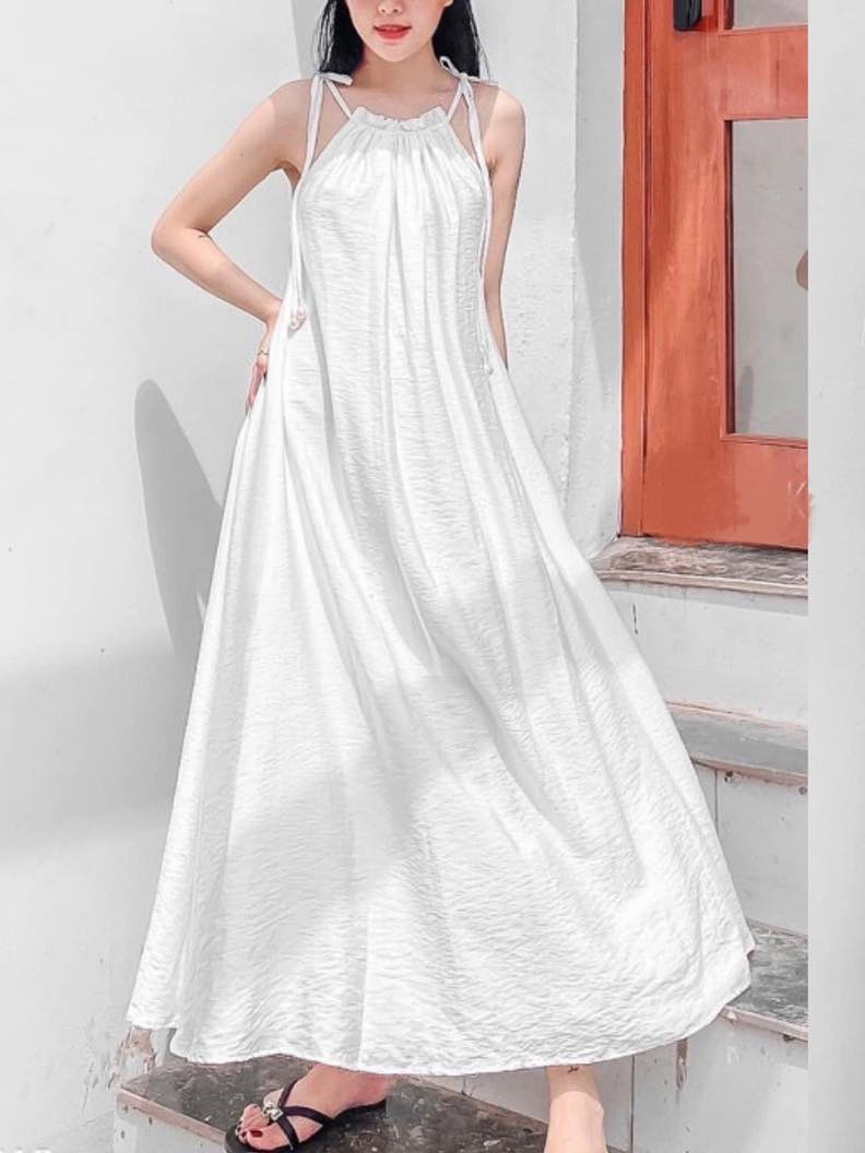 Đầm maxi cổ yếm buộc nơ