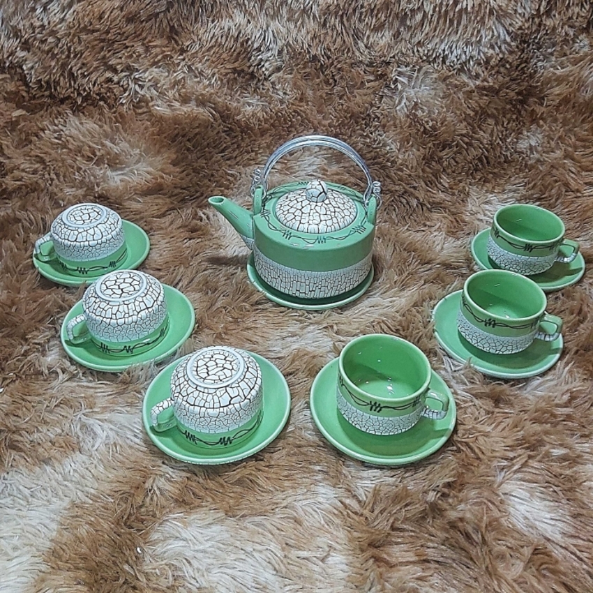 Tea Pot set BAT TRANG brand (additional bottom foot) – CYLINDER Shape – Green Emerald color - 1 pot, 6 cups, 7 dishes