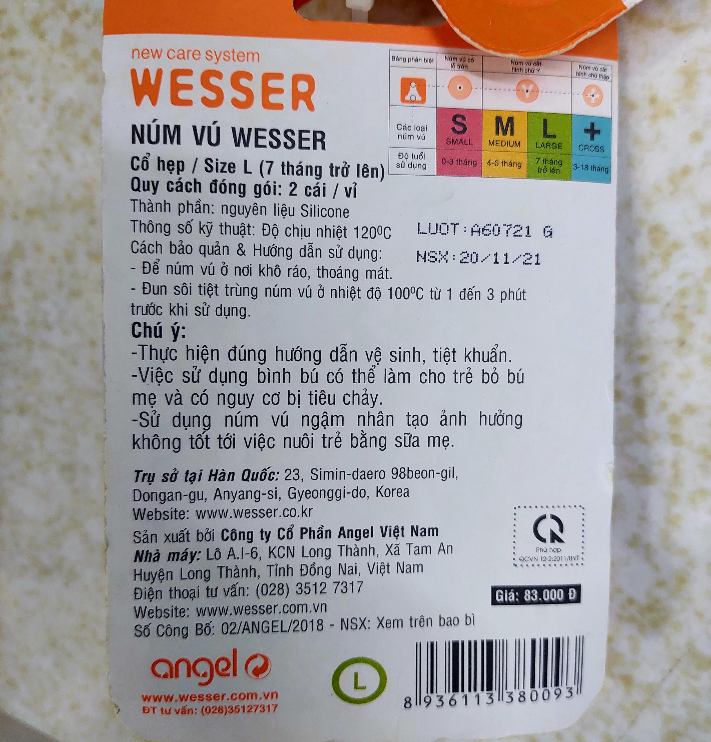 vỉ 2 núm Vú Cổ Hẹp Wesser (Size L/M/S/+)