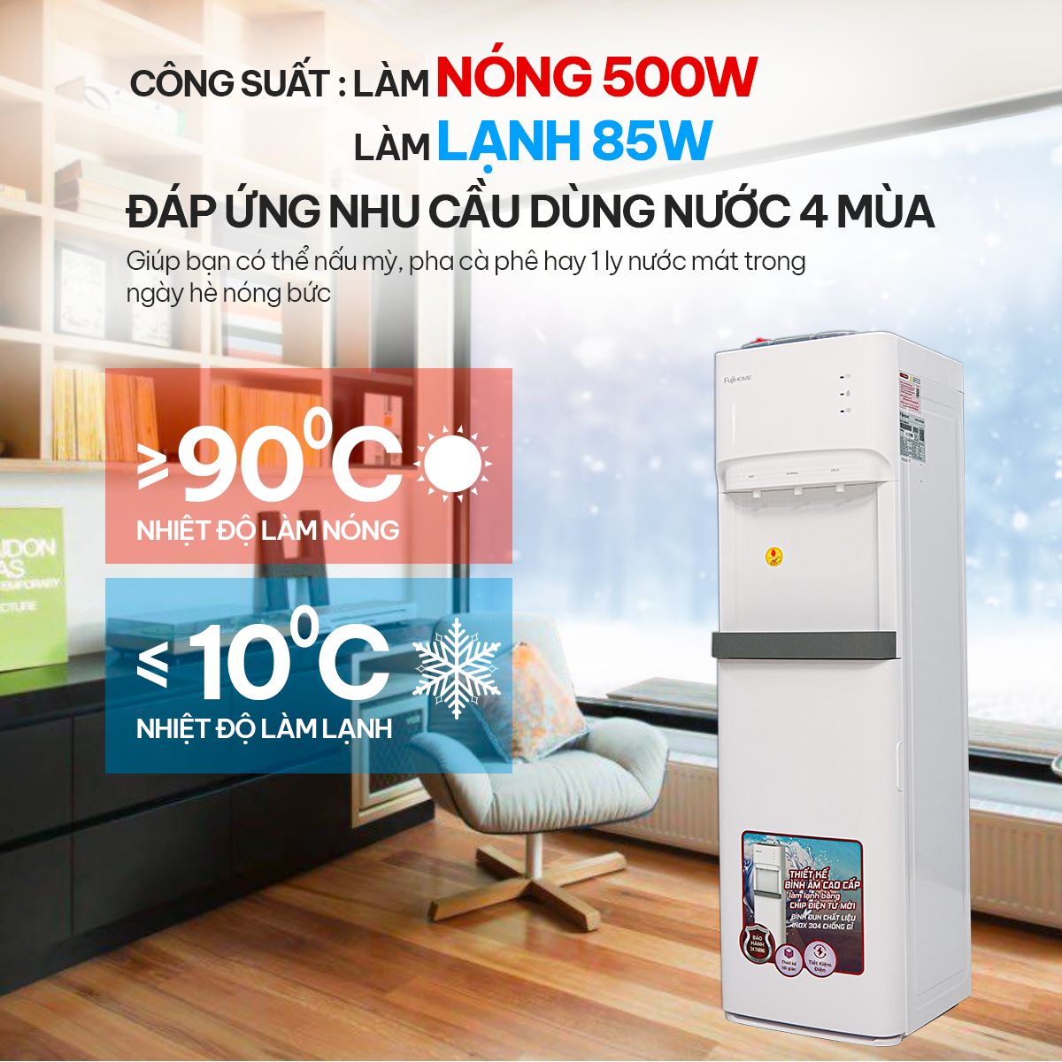 Cây nước nóng lạnh Nhập Khẩu Nhật Bản Fujihome WD606ES, bình lọc máy lọc nước nóng lạnh mini uống tiết kiệm điện