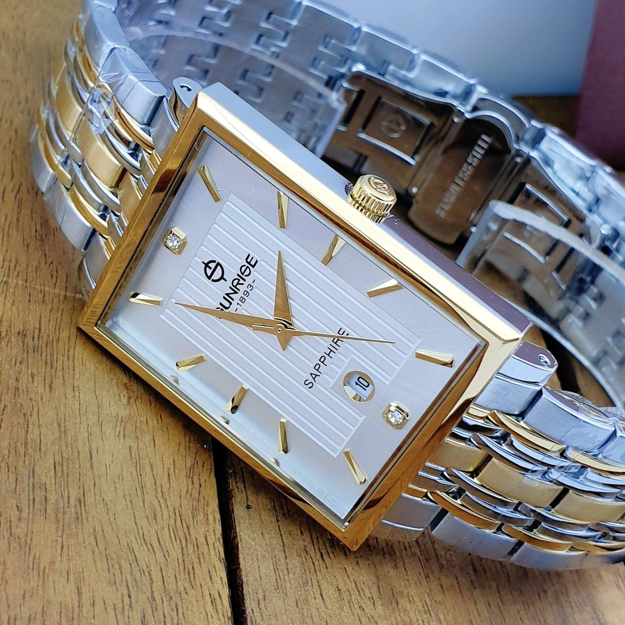 Đồng hồ đôi Sunrise 1190SA Mặt vuông Kính Sapphire Chính hãng