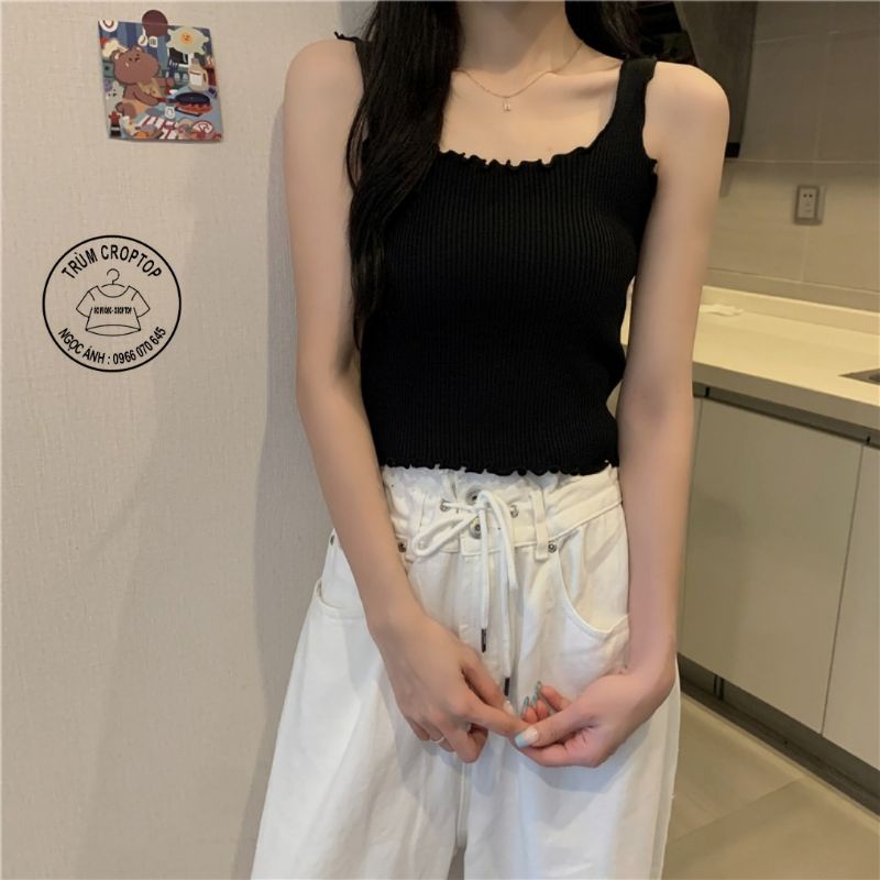 Áo croptop hai dây bản to nhúng viền , áo croptop form hàn quốc