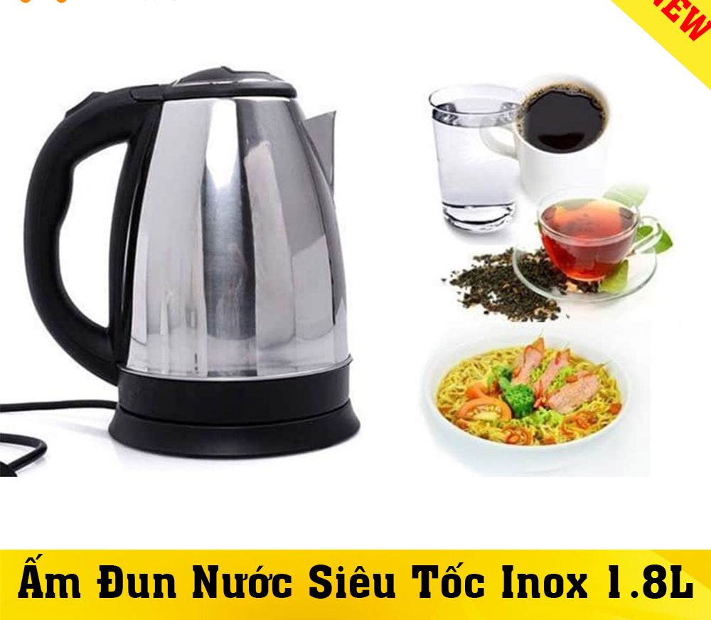 Ấm đun nước siêu tốc vỏ inox cao cấp thiết kế tinh tế - sang trọng - ấm đun inox siêu tốc 1,8 l chính hãng bh 1 đổi 1